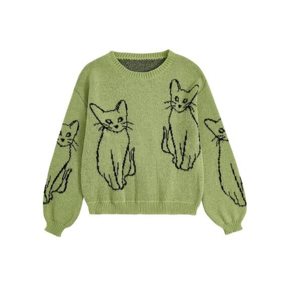 MEOW! ADORABLE Cat Print Black CATS Green Novelty Pullover Sweater NWT Size L - Picture 7 of 7